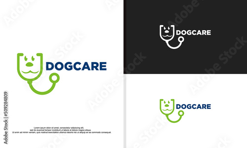 dog face combine with stetoskop, pet care logo design.