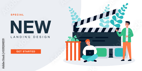 Cinema viewers with popcorn, clapperboard and 3D glasses. People and movie accessories flat vector illustration. Entertainment, cinematography concept for banner, website design or landing web page