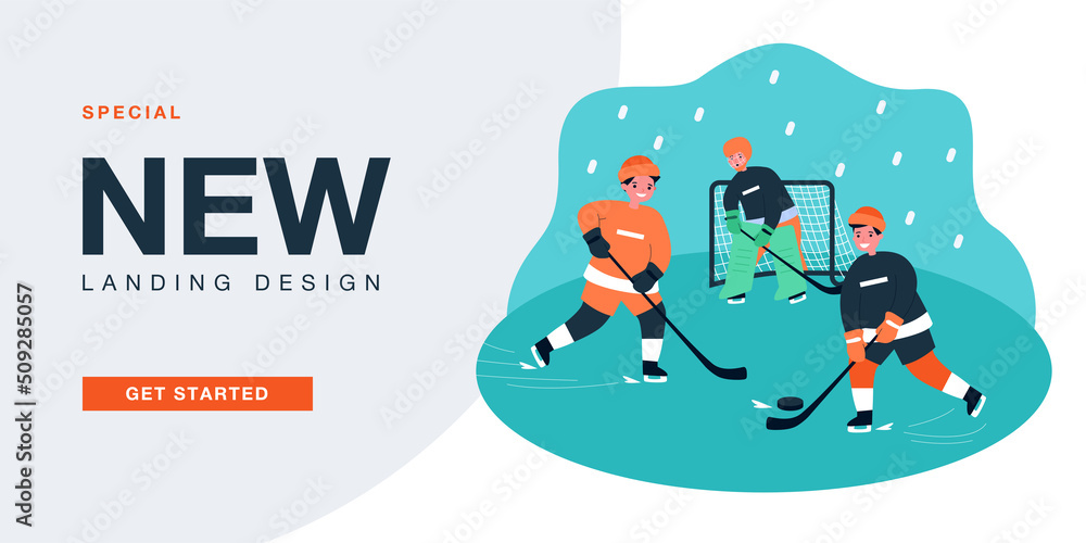 Kids playing hockey game on ice rink in city park. Boys in helmets skating, holding hockey sticks flat vector illustration. Winter sports concept for banner, website design or landing web page