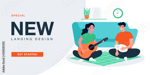Girl playing guitar and singing to guy. Man, woman and cat sitting on floor of home living room flat vector illustration. Hobby, lifestyle concept for banner, website design or landing web page