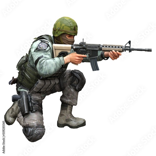 Soldier with a machine gun isolated white background 3d illustration