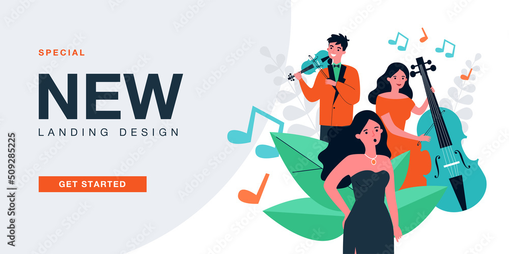 Naklejka premium Band of musicians playing jazz music with violin and cello. Female singer singing song flat vector illustration. Acoustic music, performance concept for banner, website design or landing web page