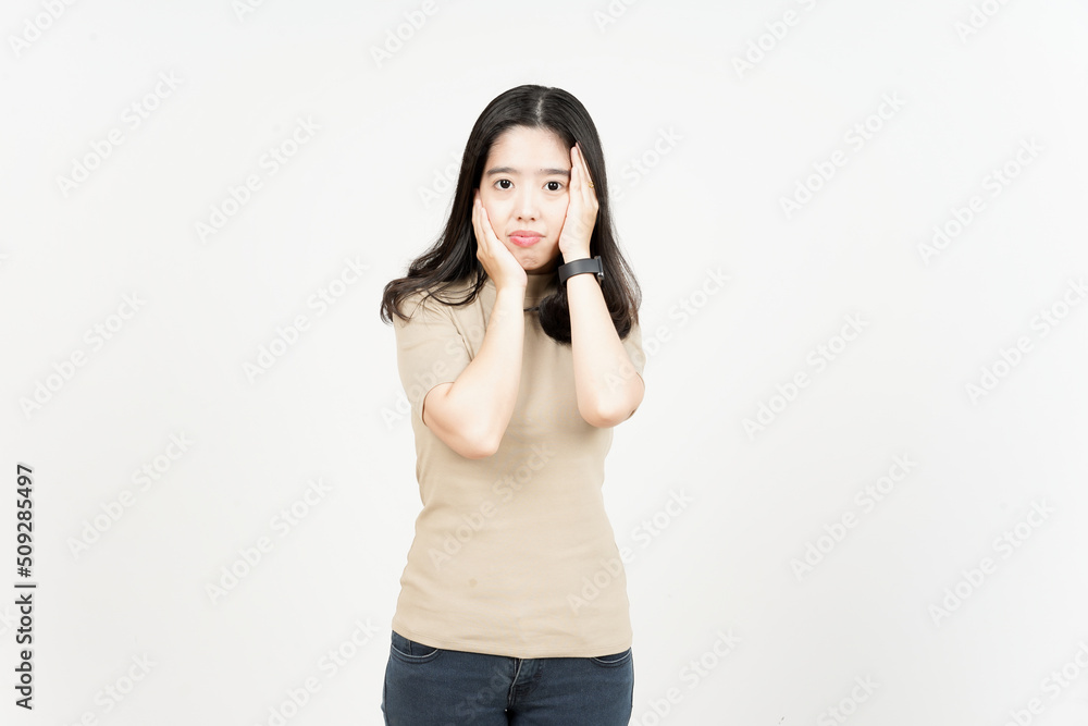 Hand on Face Boring Gesture Of Beautiful Asian Woman Isolated On White Background Hand on Face Boring Gesture Of Beautiful Asian Woman Isolated On White Background