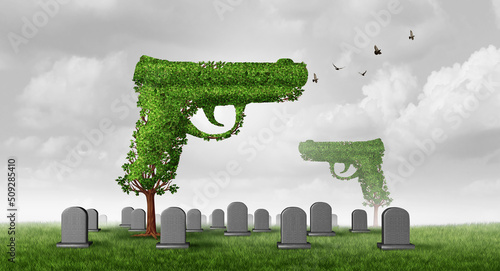 Mass shooting tragedy and Growing gun crime concept with a tree shaped as a gun in a cemetery with tombstones of victims representing public safety and security issues