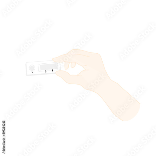 The rapid test kit (lateral flow immunoassay) is holding by human hand to observe or show the result after sample dropping and full of detection time.