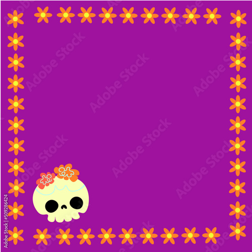 DÍA DE MUERTOS,CARTEL DE DÍA DE MUERTOS,FONDO MORADO,CALAVERA Y FLORES