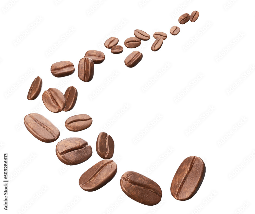 Naklejka premium Coffee beans flying on a white background, 3d rendering.