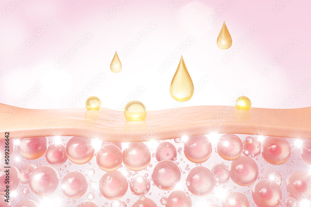 Cosmetic serum Oil drop on skin cell, Skin Repair, moisturizer, collagen serum, advertising background ready to use, 3D rendering Cosmetic serum Oil drop on skin cell, Skin Repair, moisturizer, collagen serum, advertising background ready to use, 3D rendering