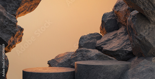 Black geometric Stone and Rock shape background, minimalist mockup for podium display or showcase, 3d rendering. photo