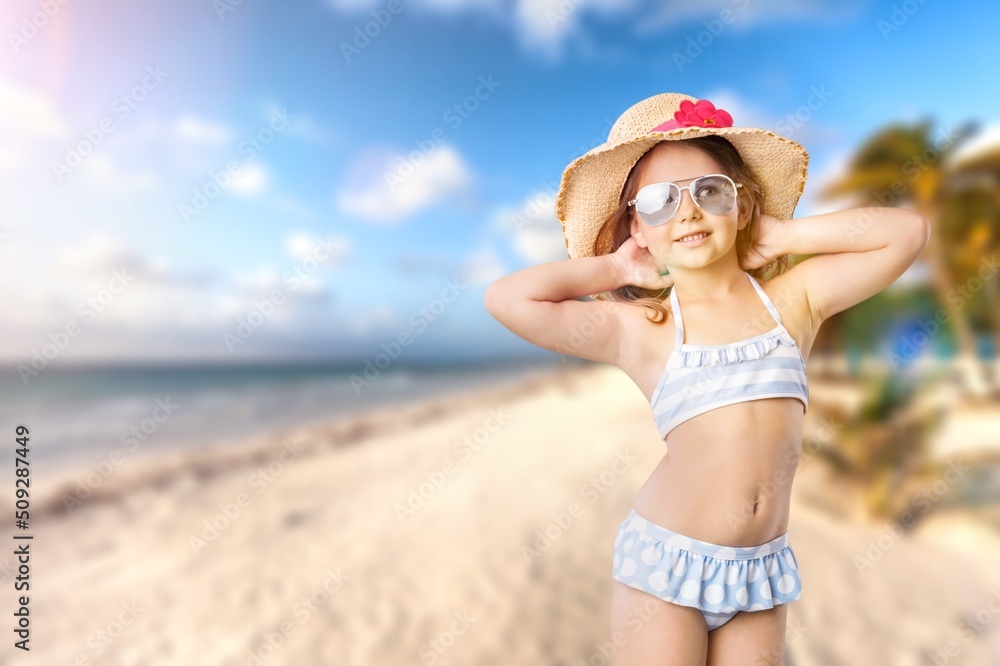 Funny kid girl playing outdoor surprised emotional child, family vacations Funny kid girl playing outdoor surprised emotional child, family vacations