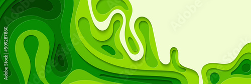 Paper cut Banner background in green color. Abstract paper art shape, nature and environment theme. Vector design Wavy geometric liquid flow graphic.
