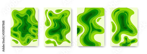 Vertical banners set of paper cut background in green color. Abstract paper art shape, nature theme. Vector design Wavy geometric liquid flow graphic.
