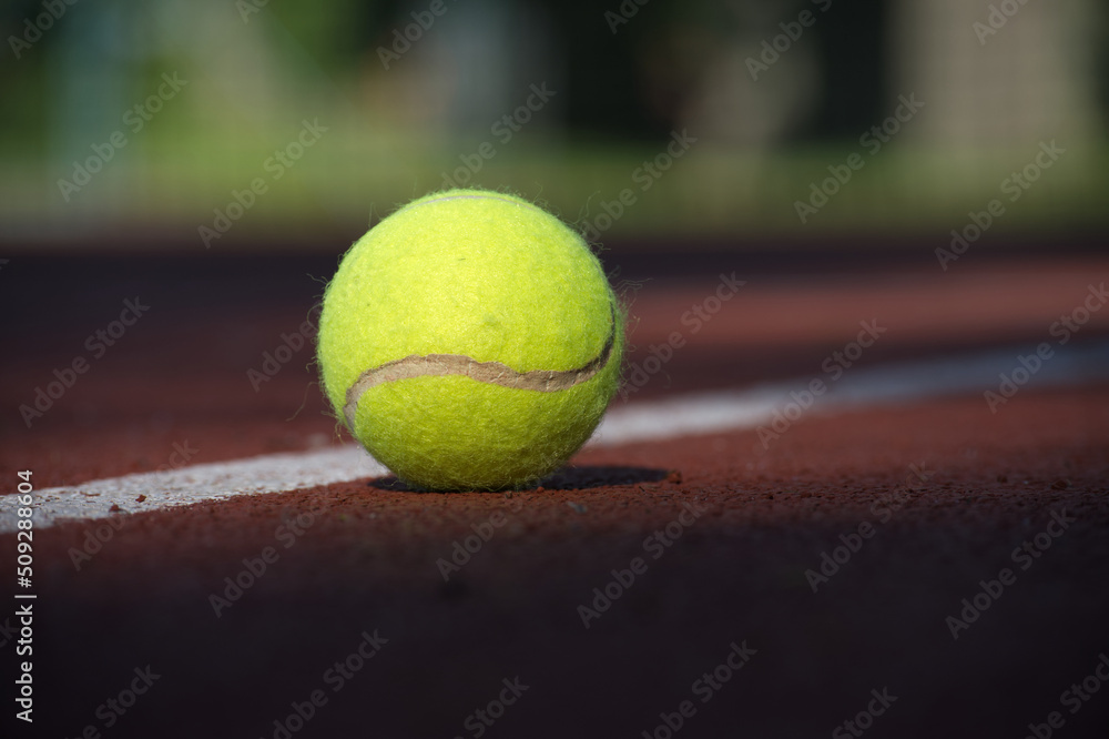 Tennis scene with white line and ball and racquets