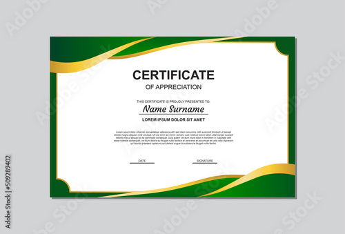 certificate template in gold and green color with modern style.