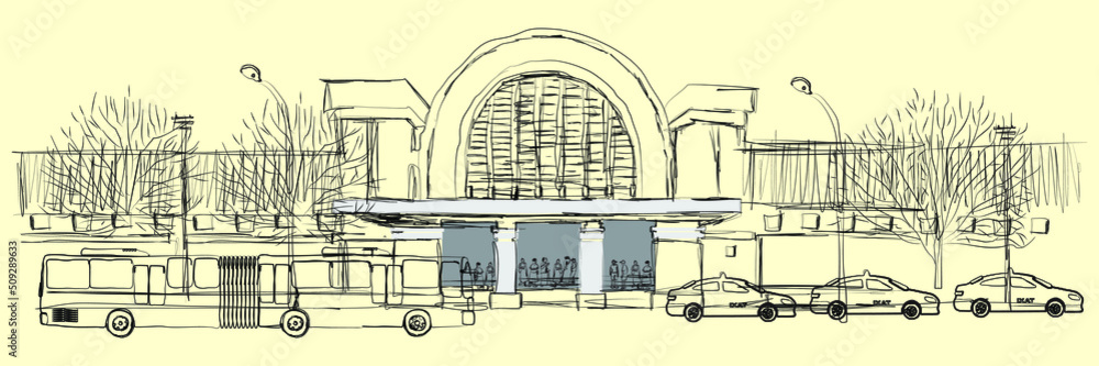Obraz premium Free hand sketch of jakarta public transportation and jakarta kota train station. vector illustration