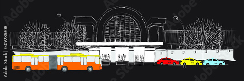 Free hand sketch of jakarta public transportation and jakarta kota train station. vector illustration