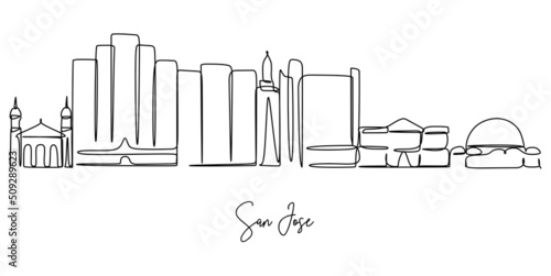 San Jose California city skyline. Continuous single line drawing. Vector illustration for home decoration wall art or travel advertising