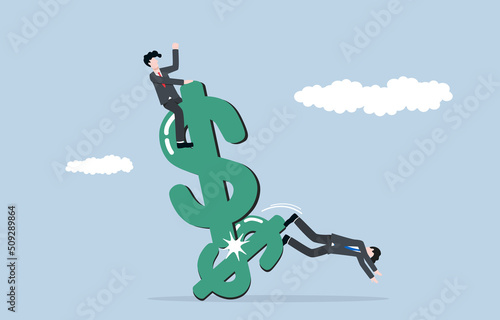 Exploiting retail investors in the market, trade barrier from influencer, business competition concept. Businessman on big dollar sign beating another businessman falling from small dollar sign.