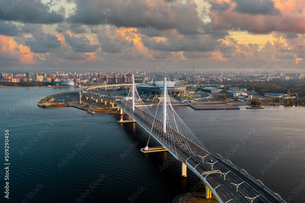 Aerial view of the Gulf of Finland, Saint-Petersburg, Russia, with a stadium, western rapid diameter and cable-stayed bridge