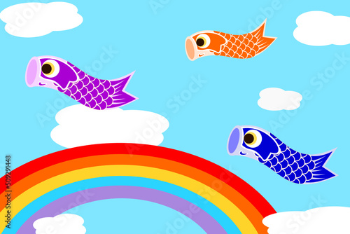 "Vector, graphic, illustration of carp streamer. Cute flying koinobori flag with blue sky, cloud and rainbow background. Traditional Asia festival event to illustrate strong energy and spirit.