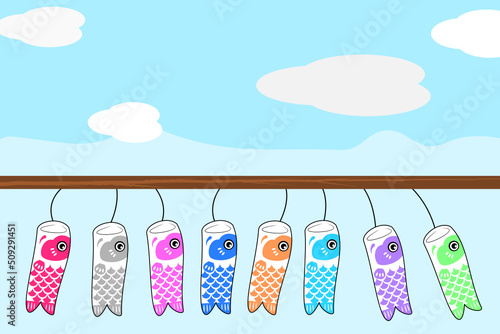 "Vector, graphic, illustration of carp streamer. Cute flying koinobori flag with blue sky, cloud and rainbow background. Traditional Asia festival event to illustrate strong energy and spirit.