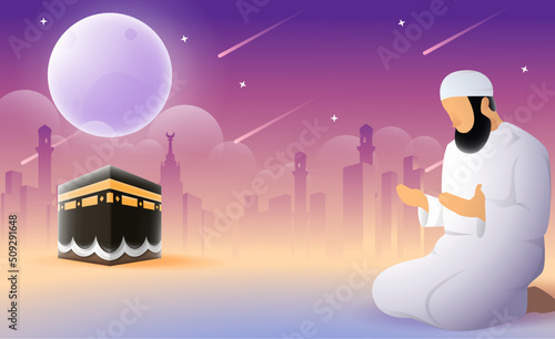 Translation: May Allah Accept Your Hajj and Grant You Forgiveness. Kaaba Vector for Hajj Mabroor in Mecca Saudi Arabia. Hajj Mabrour And The Holy Mecca Greeting Islamic Illustration Background Vector 