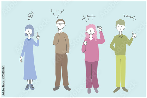 いろんなポーズをするカラフルな人物のイラストベクター