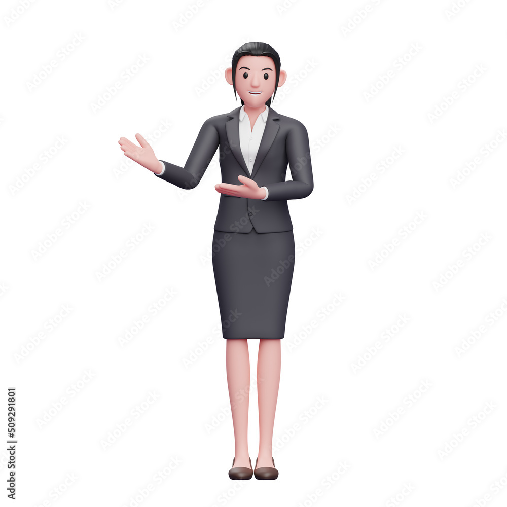 young woman wearing formal dress presenting pose, 3D render business woman character illustration young woman wearing formal dress presenting pose, 3D render business woman character illustration