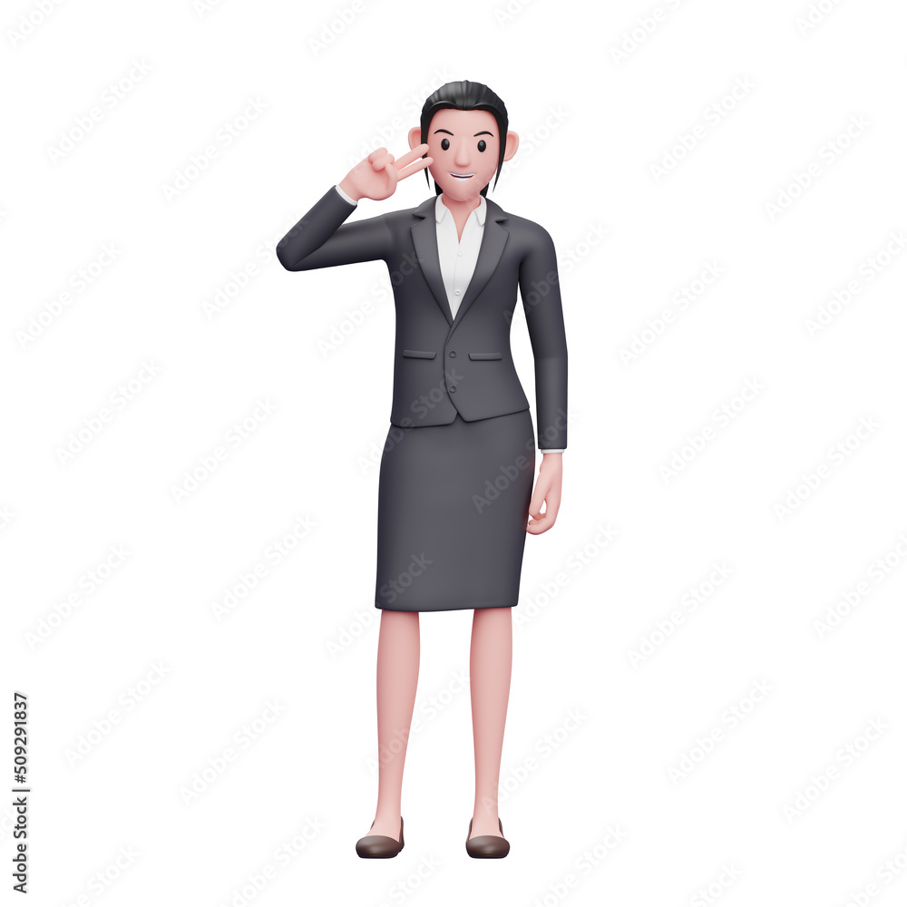 young business woman posing peace finger, 3D business woman character illustration young business woman posing peace finger, 3D business woman character illustration