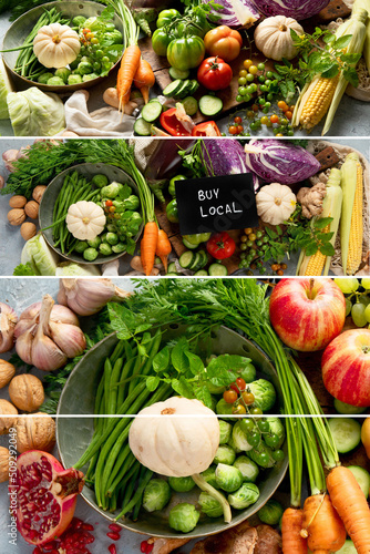 Collage of local farmers food assortment.
