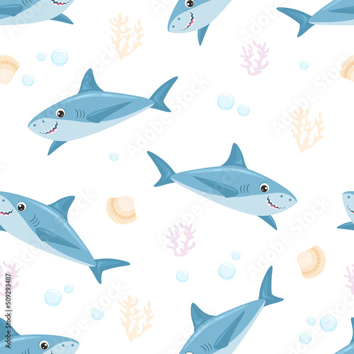 Cartoon sharks seamless pattern. Childish background with cute funny toothy fish. Sea vector flat illustration.