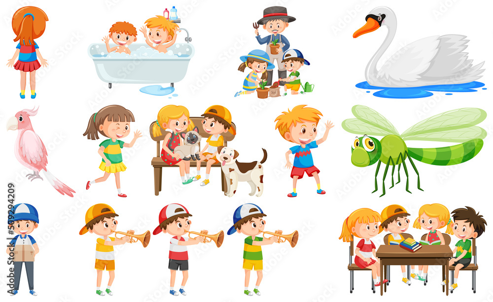 Set of cute kids and objects Set of cute kids and objects