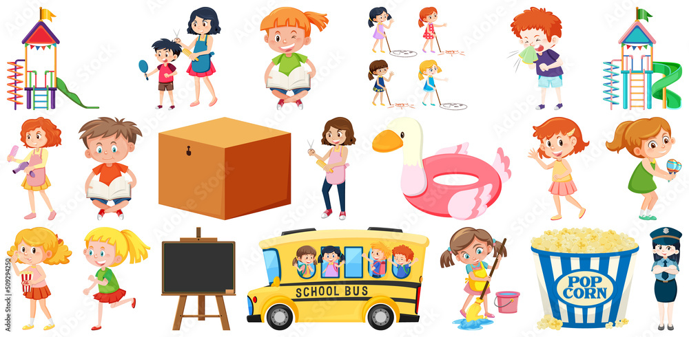 Set of different cute kids and objects Set of different cute kids and objects