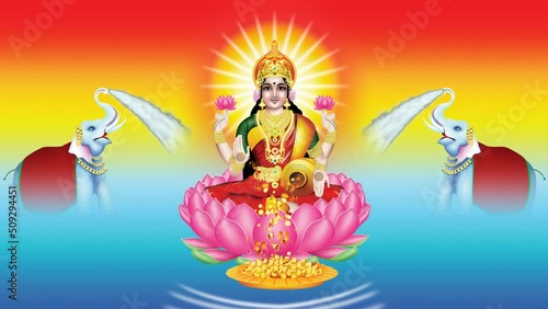 The God of Wealth Lakshmi pouring golden coins, two elephants spouting holy water on the river.