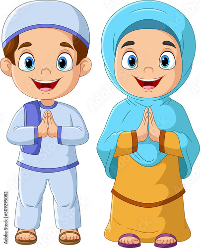 Happy muslim boy and girl cartoon