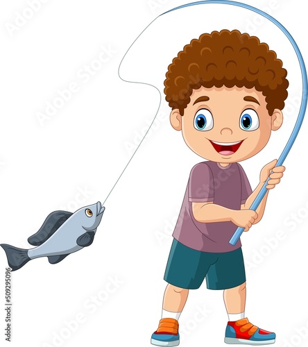Cartoon happy little boy fishing