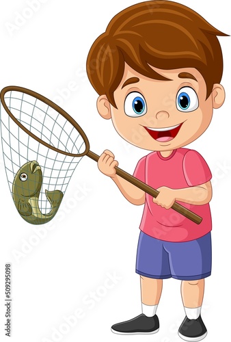 Cartoon little boy catching fish with net