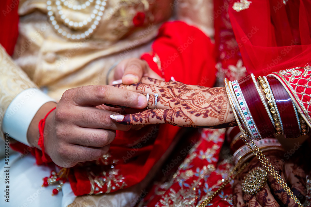 Indian couple's ring exchange hands close up