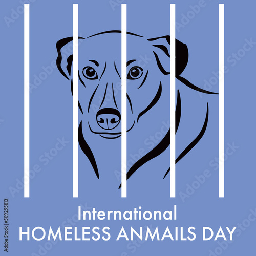 International day of homeless animals. Linear drawing of a sad dog behind bars. Vector graphics