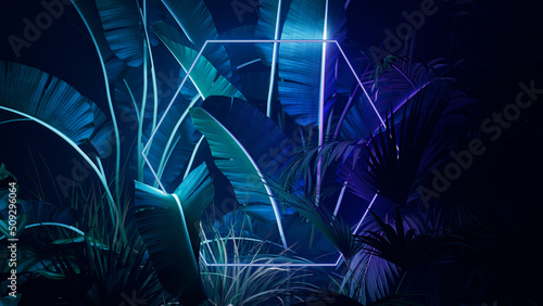 Cyber Background Design. Tropical Plants with Purple and Green, Hexagon shaped Neon Frame.