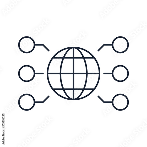Expanding the global contact structure. Industrial and scientific relations. Vector linear icon isolated on white background.