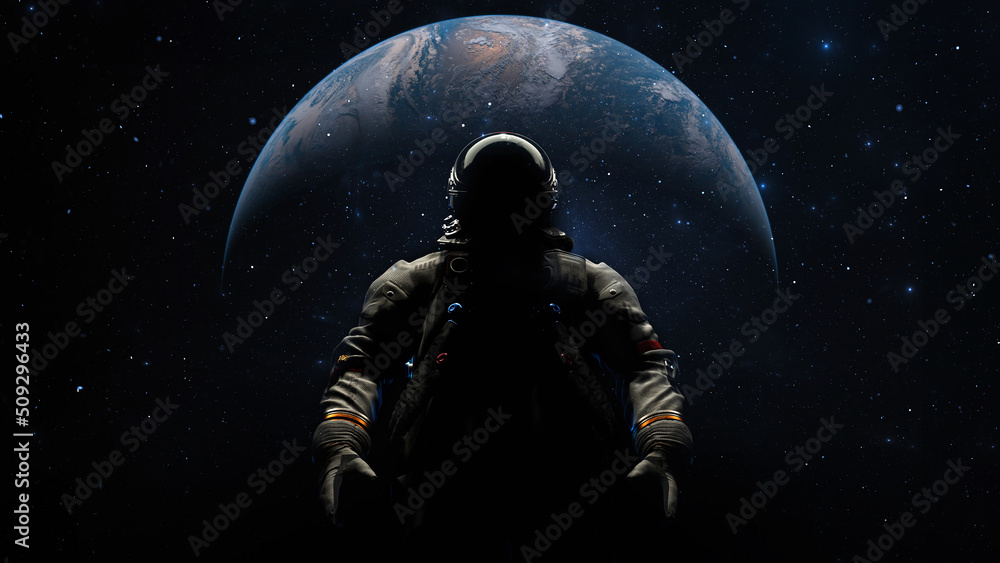 Obraz premium Astronaut cosmonaut discovery of new worlds of galaxies panorama, fantasy portal to far universe. Astronaut space exploration, gateway to another universe. 3d render