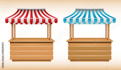 Realistic wooden canopy kiosk with red and white striped. Market stall fair booth. empty wooden market stand. 

