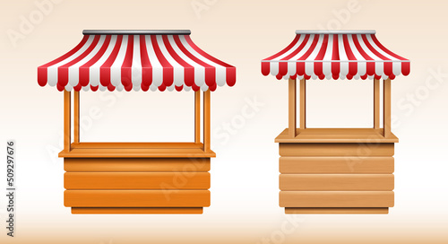 Realistic wooden canopy kiosk with red and white striped. Market stall fair booth. empty wooden market stand. 

