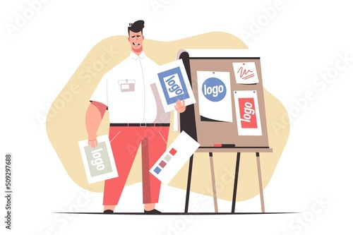 Man worker presenting samples on meeting
