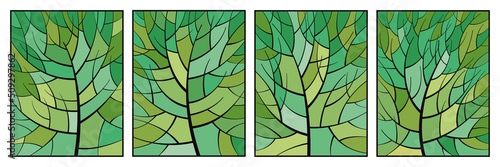 Stained glass summer. A set of four vertical pictures. Tree branches and bright colored tiles