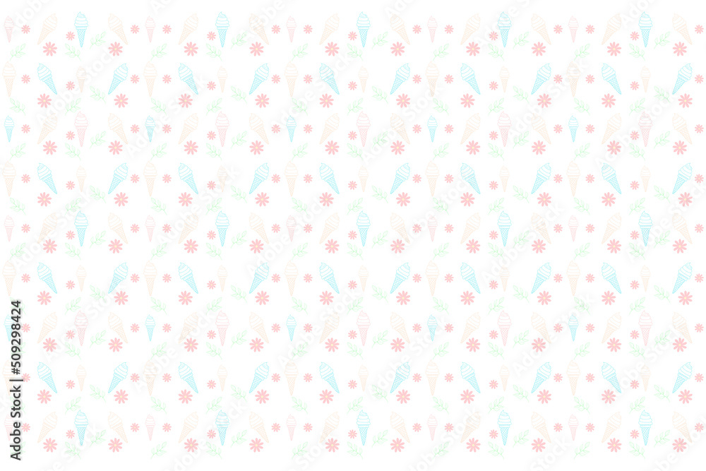 hand drawn pattern of flowers, ice cream and leaves in pastel colors