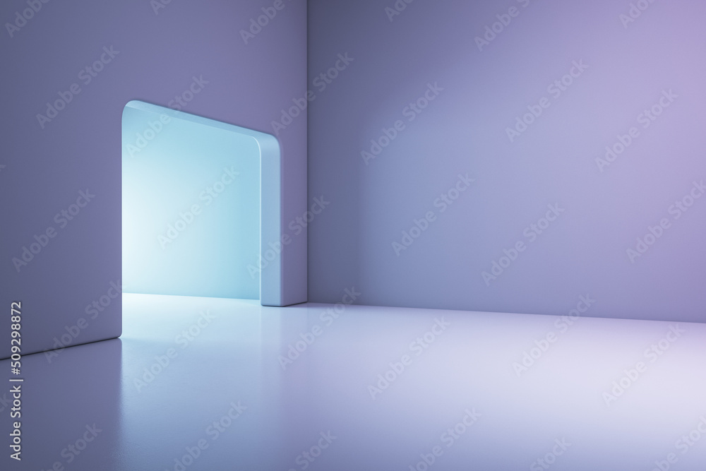 Perspective view on exit arch with sunlight in empty light purple hall with blank wall with space for your logo or text and glossy floor. 3D rendering, mock up Perspective view on exit arch with sunlight in empty light purple hall with blank wall with space for your logo or text and glossy floor. 3D rendering, mock up