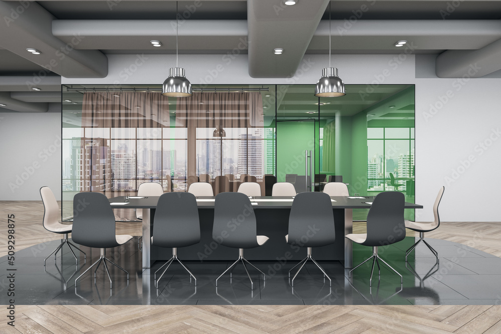 Front view on big conference table and chairs in spacious meeting room with wooden and glossy floor on glass door background. 3D rendering
