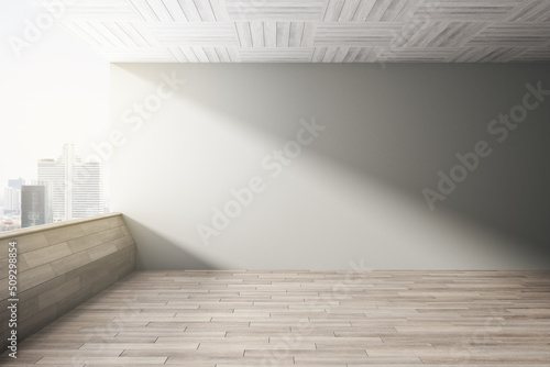 Empty open space balcony interior with panoramic city view, daylight, wooden flooring and blank mock up place on wall Fototapet